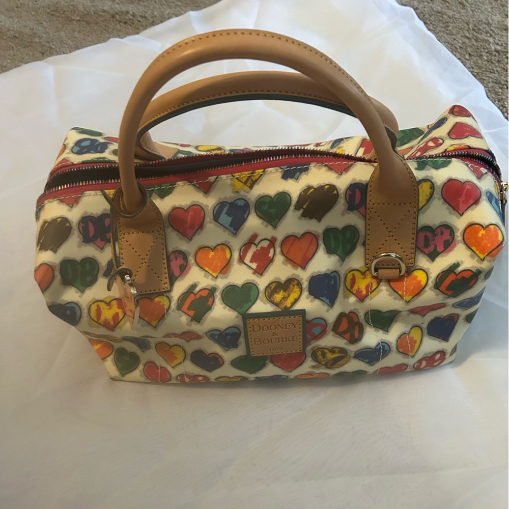 Vintage Dooney & Bourke Scribble Rainbow Hearts Duffle handbag.